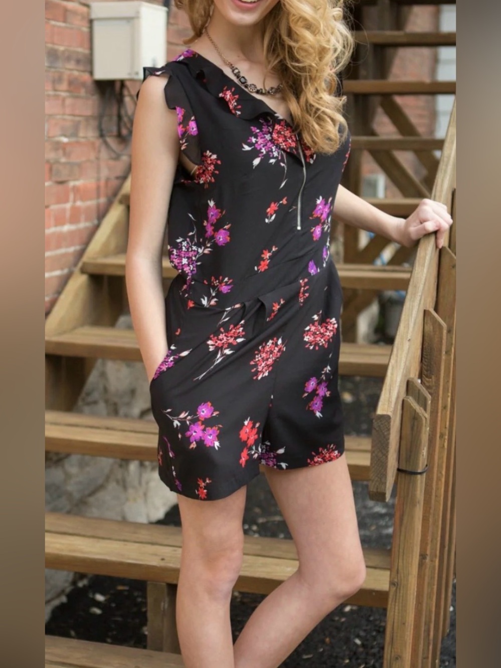 Express Floral Zip Front Ruffle Romper Size 6 Black - with Pockets